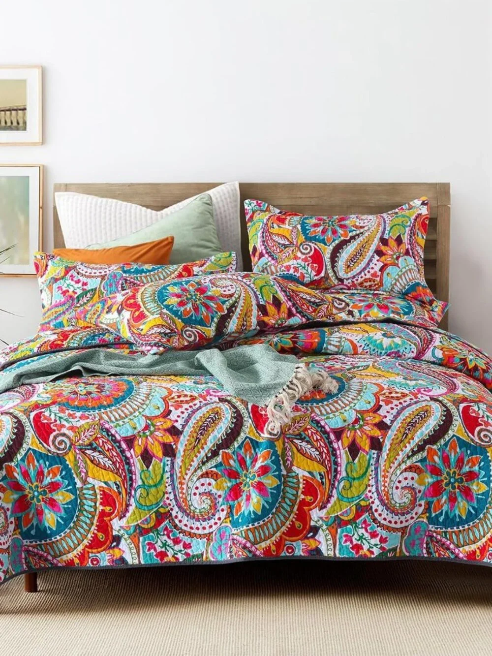 King Size Quilt Bedding Set, 100% Cotton Boho Bedspread, Vibrant Colorful Gorgeo